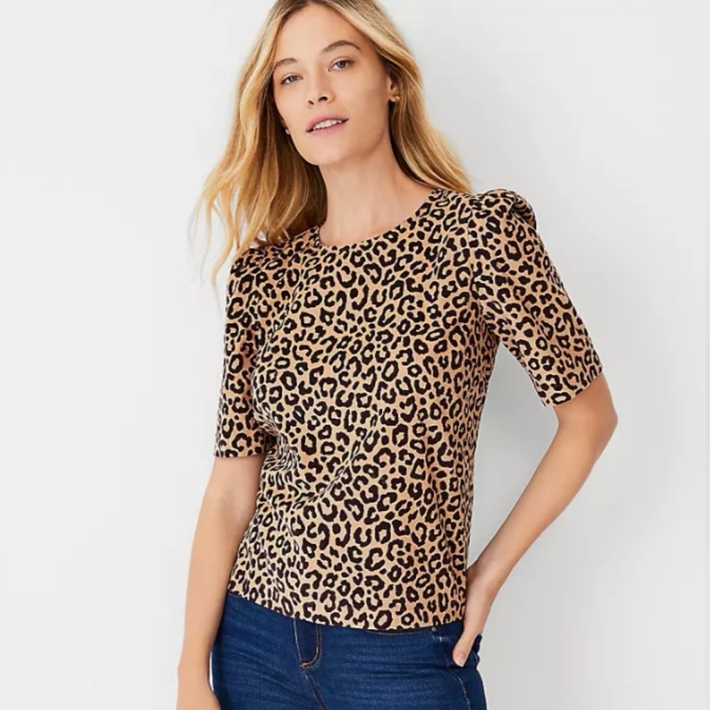 Ann Taylor Leopard Print Corduroy Short puff Sleeve Women's Top